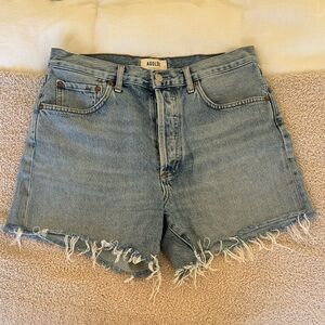 Agolde Light Blue Frayed Denim Shorts